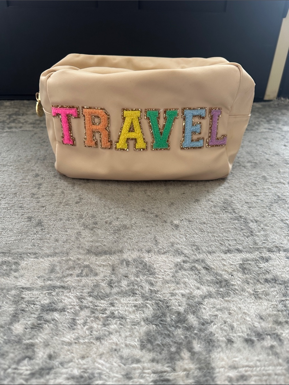 Stoney Clover Lane Large Beige Travel Cosmetic Pouch with Colorful Lettering